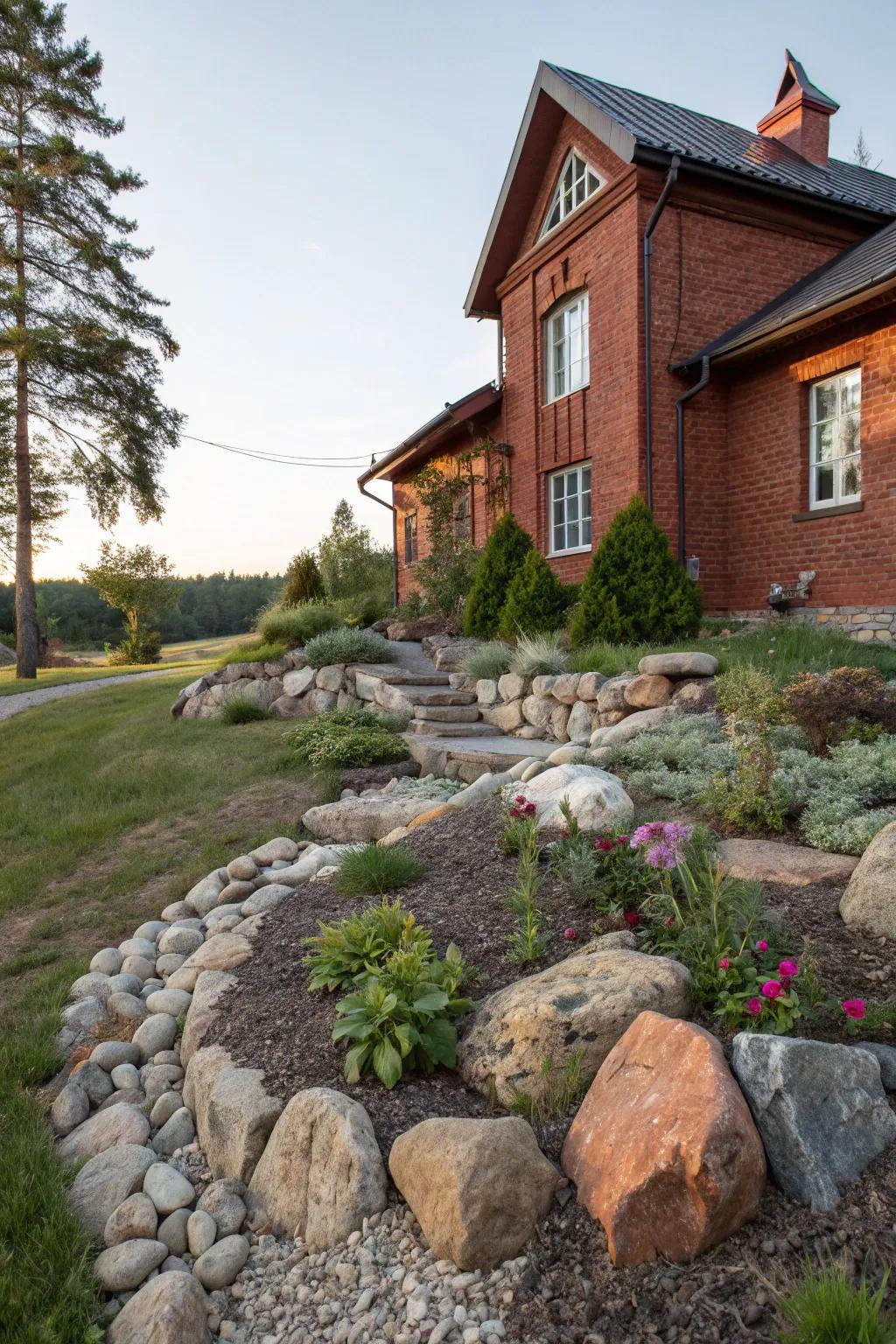 A rock garden offers contrast and texture in this landscaping design.