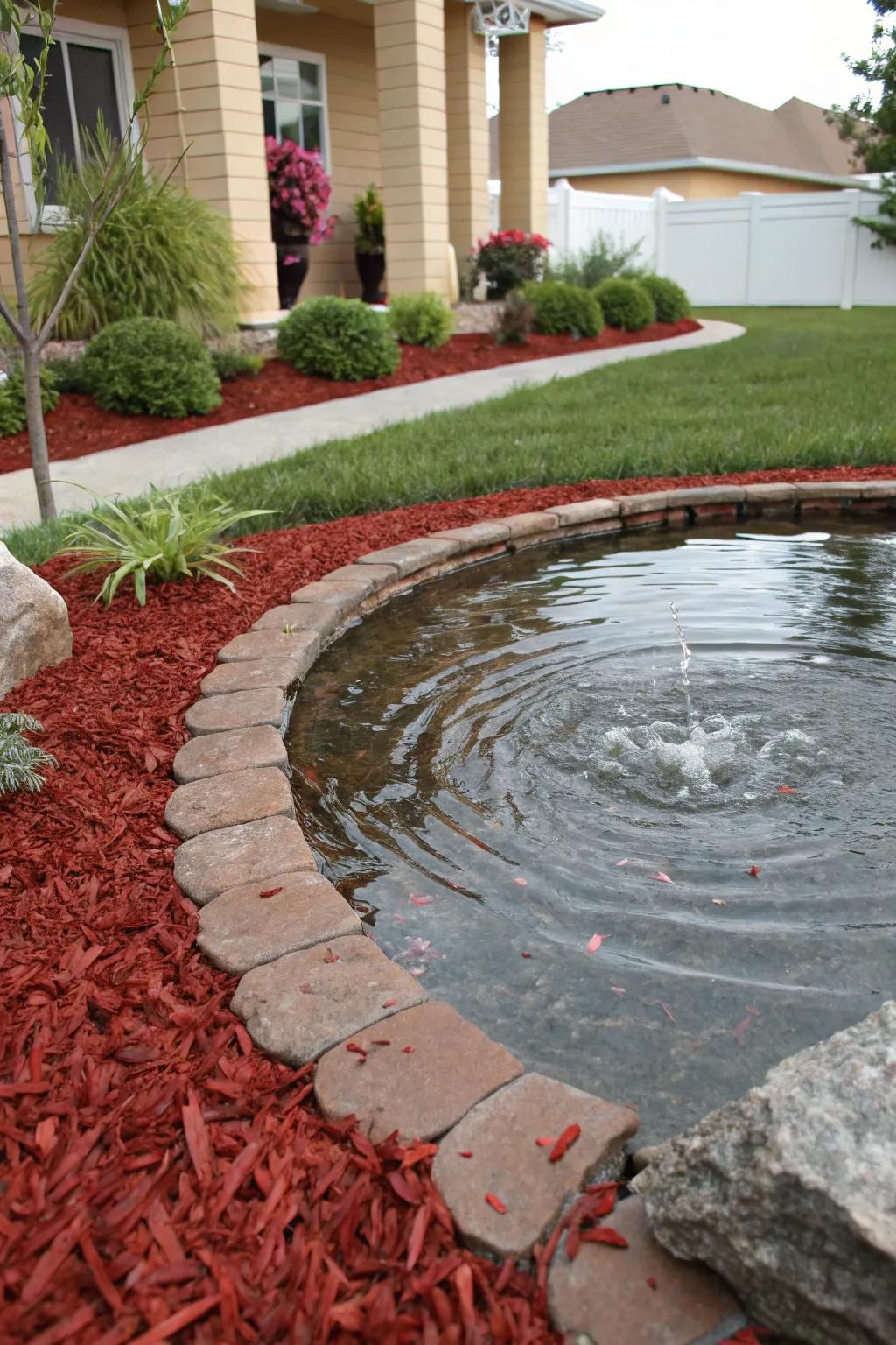 A serene water feature beautifully framed by red mulch.