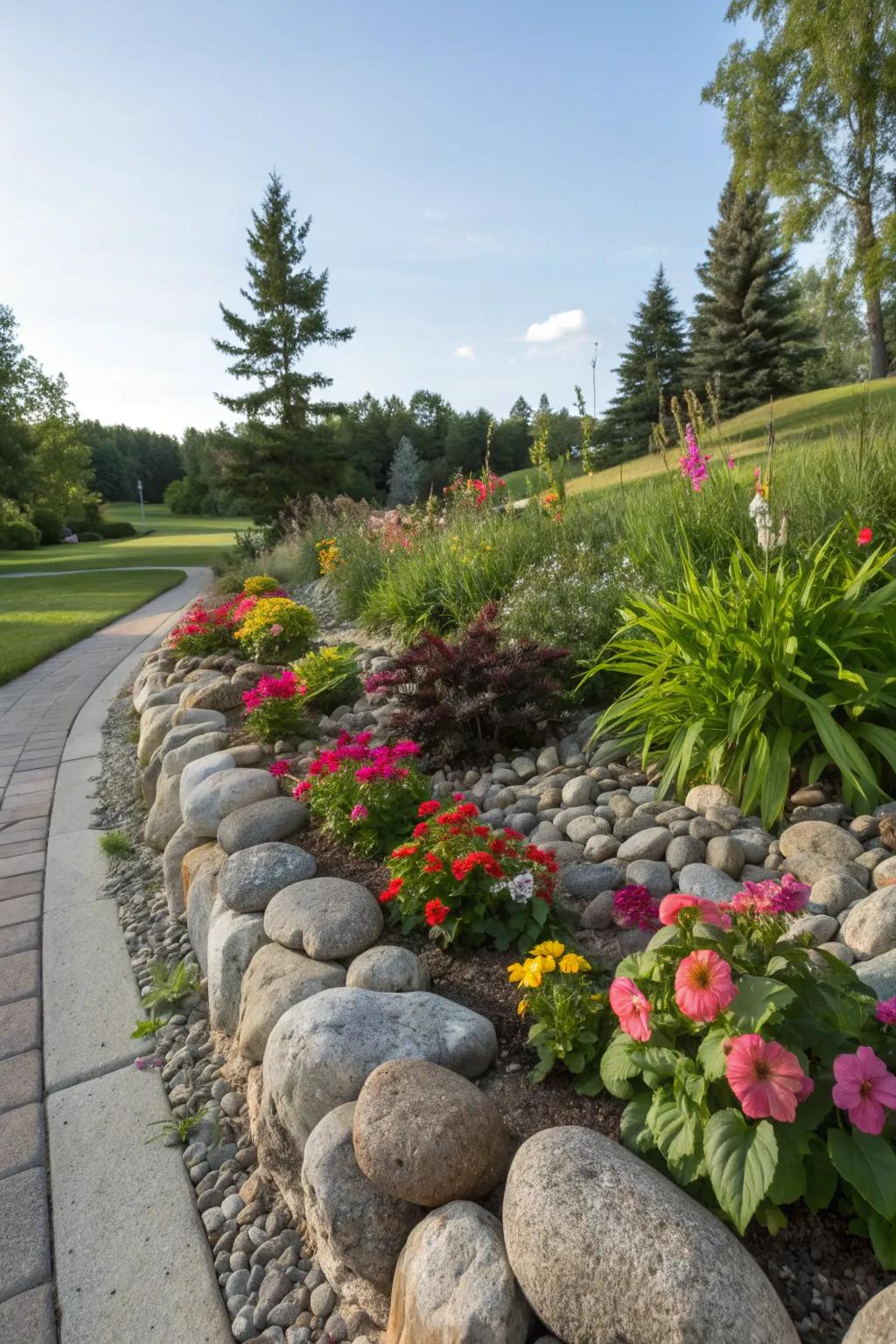 River rocks beautifully frame and highlight flower beds.