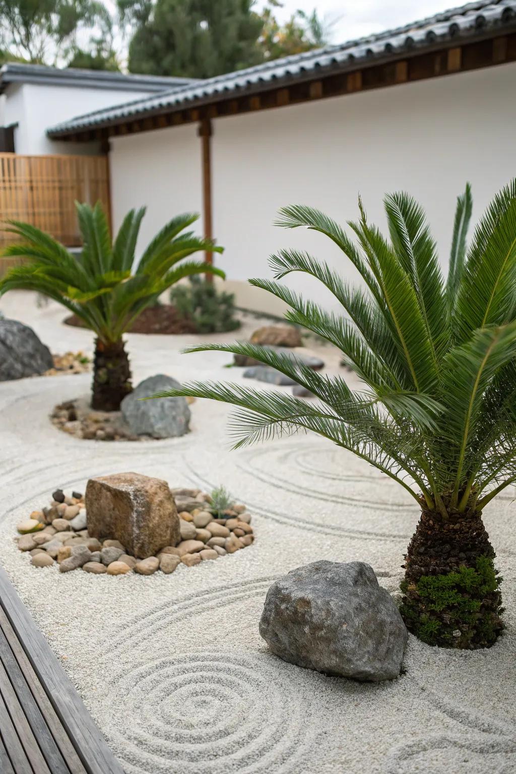 A minimalist zen garden featuring sago palms for serenity.