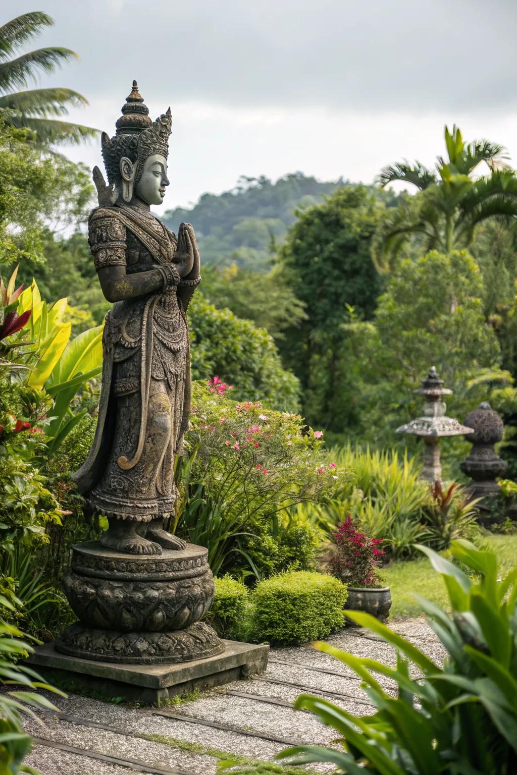 A culturally inspired statue enriching the garden's narrative.