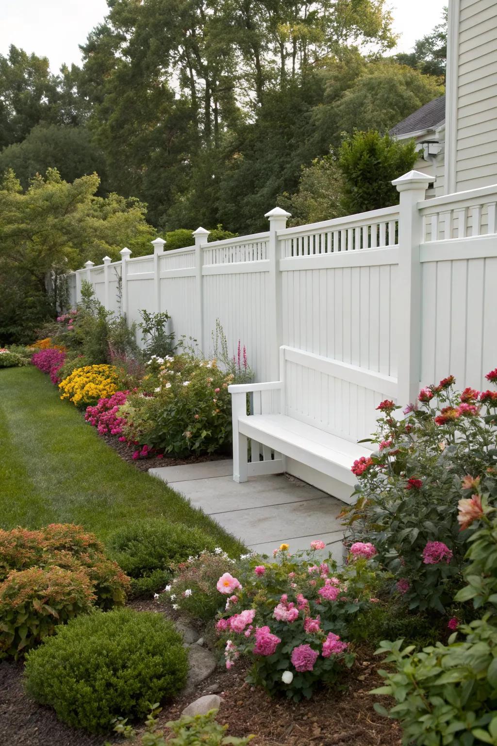 A cozy bench integrated into a vinyl fence for relaxation.