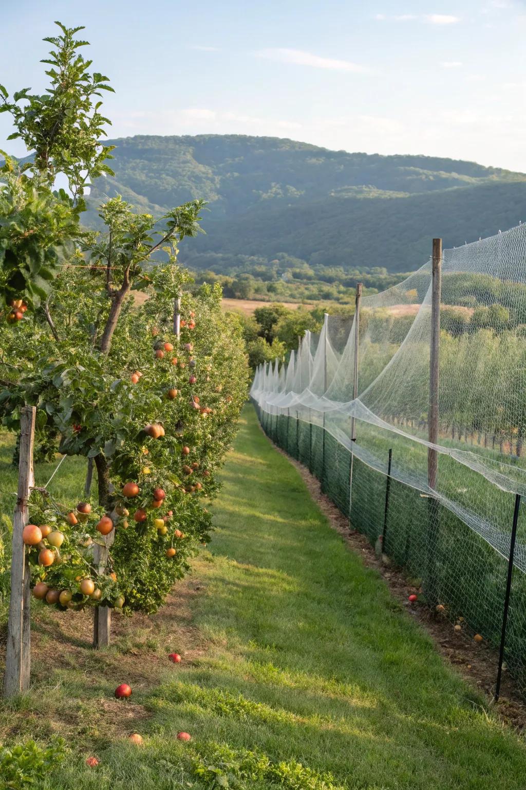 Netting and fencing keeping a fruit garden safe from wildlife.