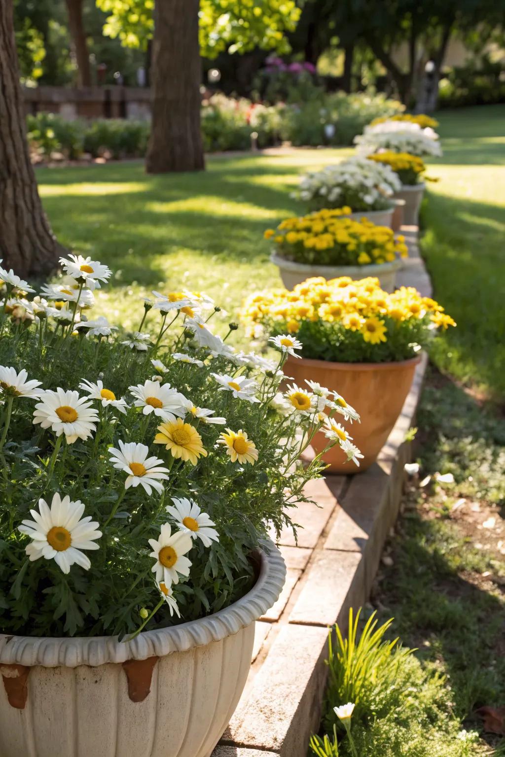 Daisies in planters bring a cheerful and inviting vibe to sunny gardens.