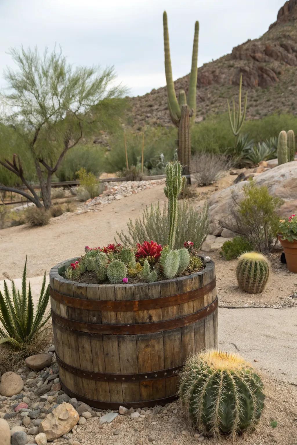 A desert-inspired whiskey barrel planter.