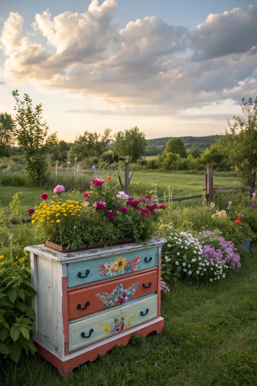 Repurposed dresser serving as a unique garden planter