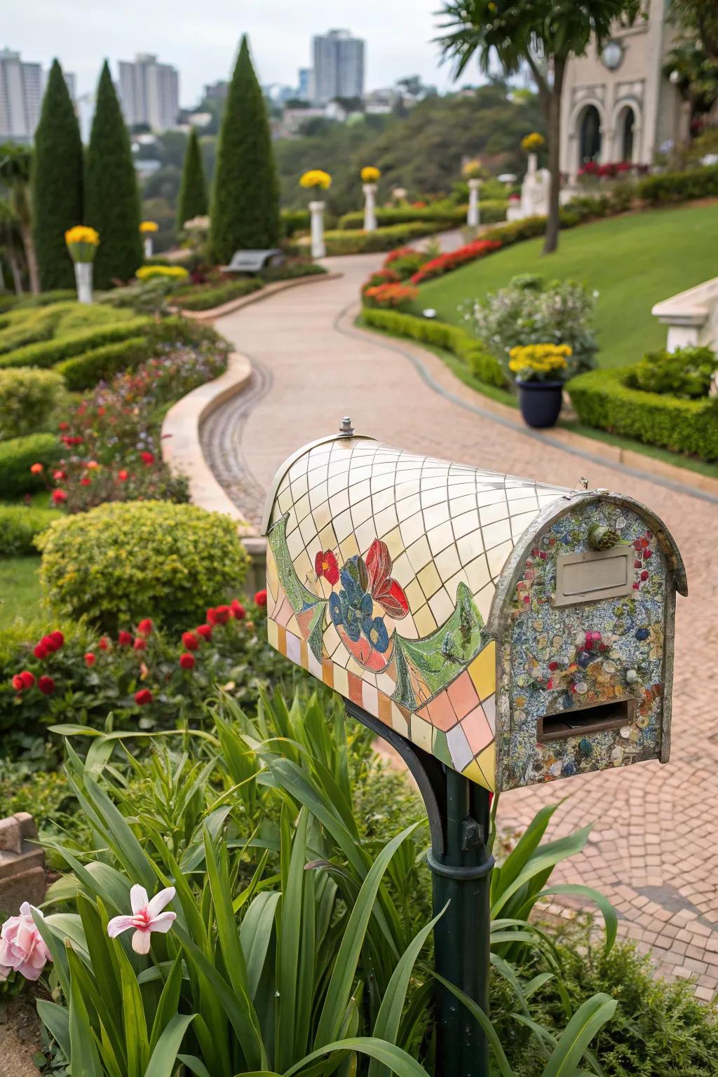 A mosaic mailbox that adds a splash of color and creativity.