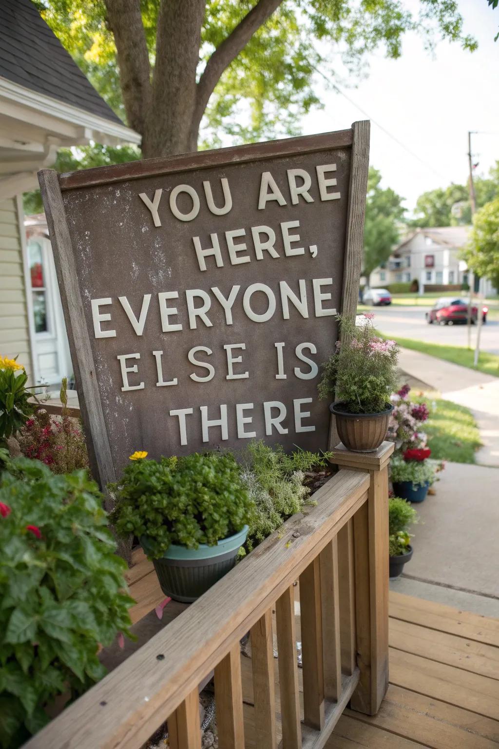 A philosophical and humorous porch sign
