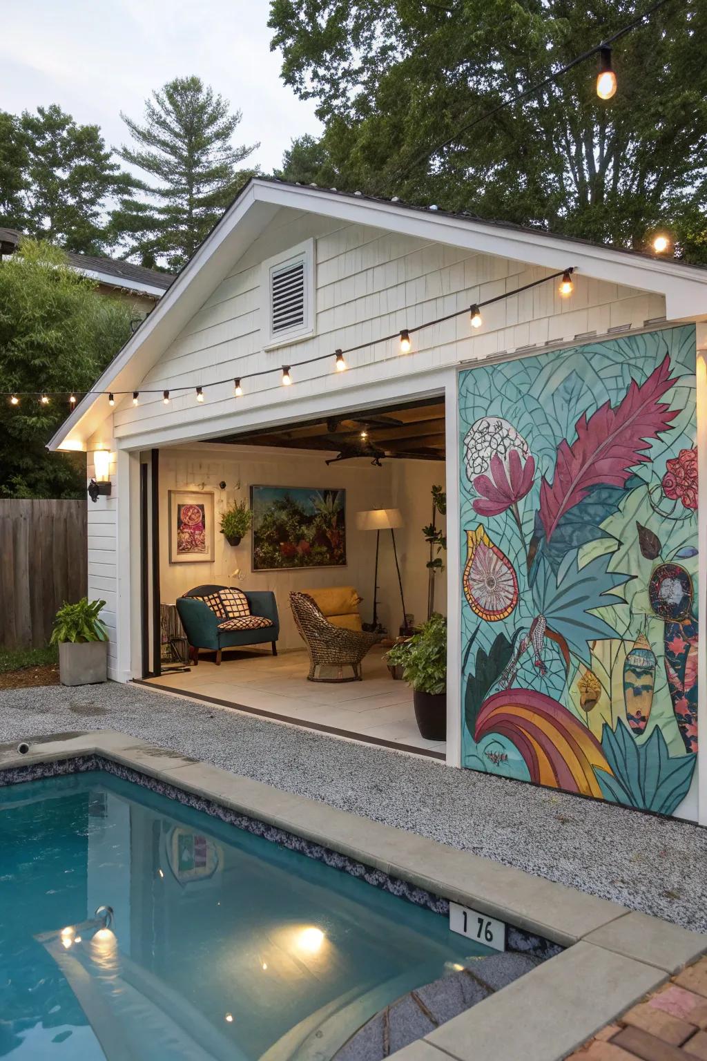 Artistic elements that add a unique flair to the pool house.