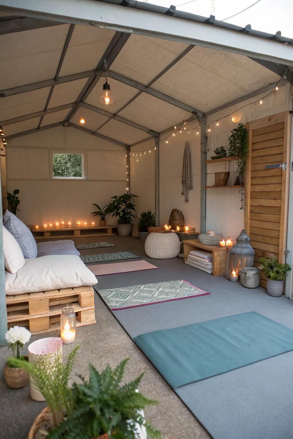 A serene meditation retreat within a garage shed.
