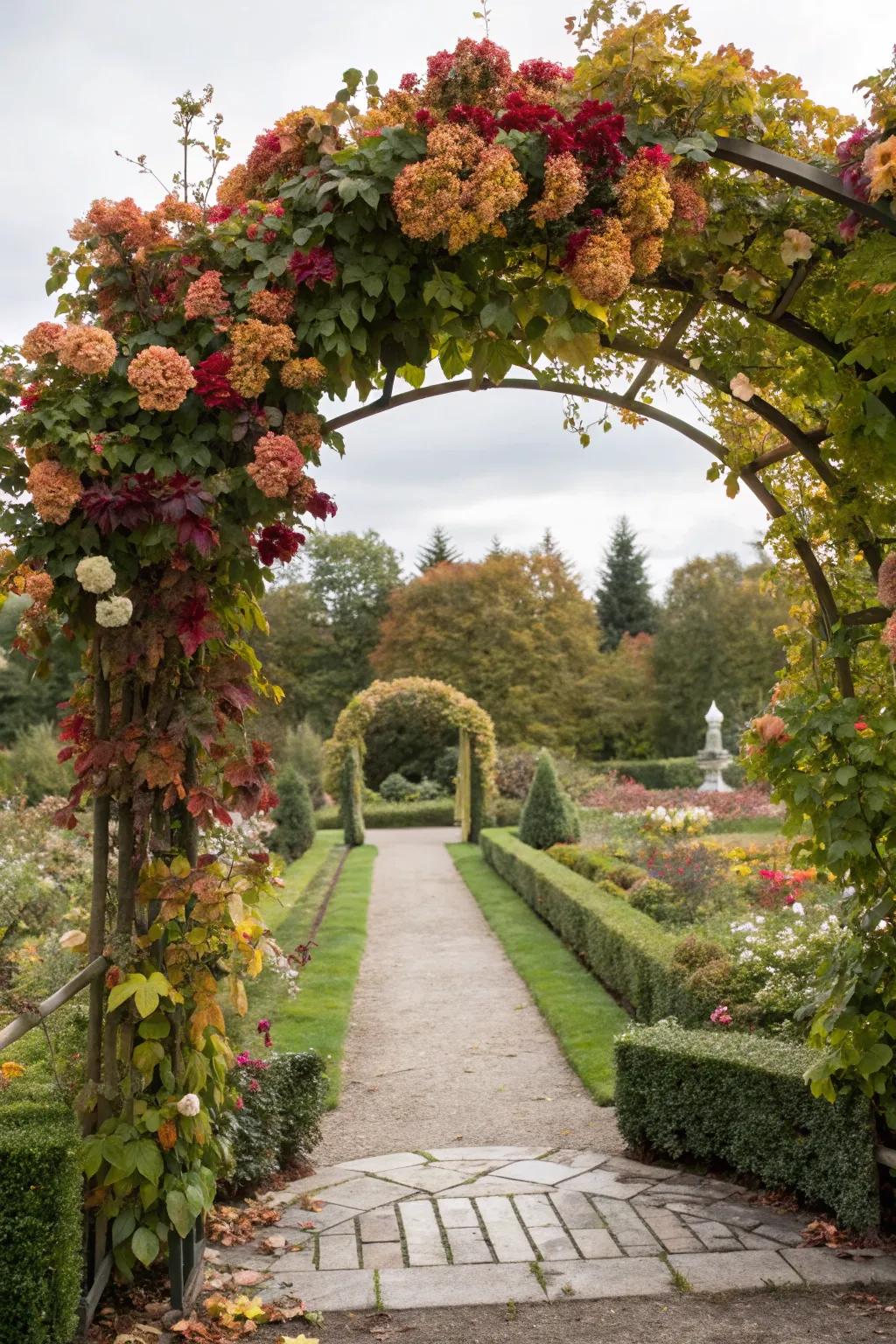 A garden arch adorned with seasonal decorations.