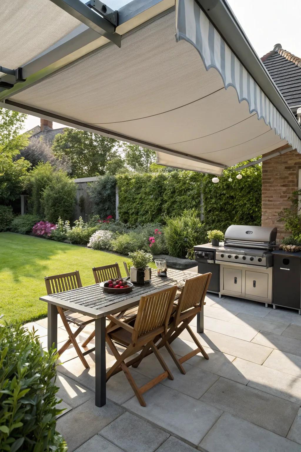 A retractable awning adapts to sun and rain alike.