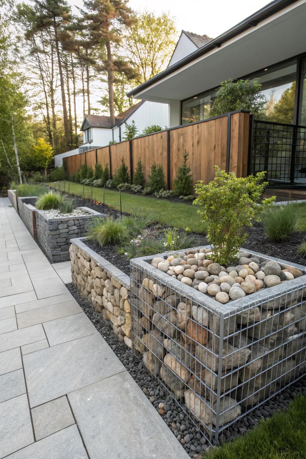 Gabion walls provide a bold, contemporary look.