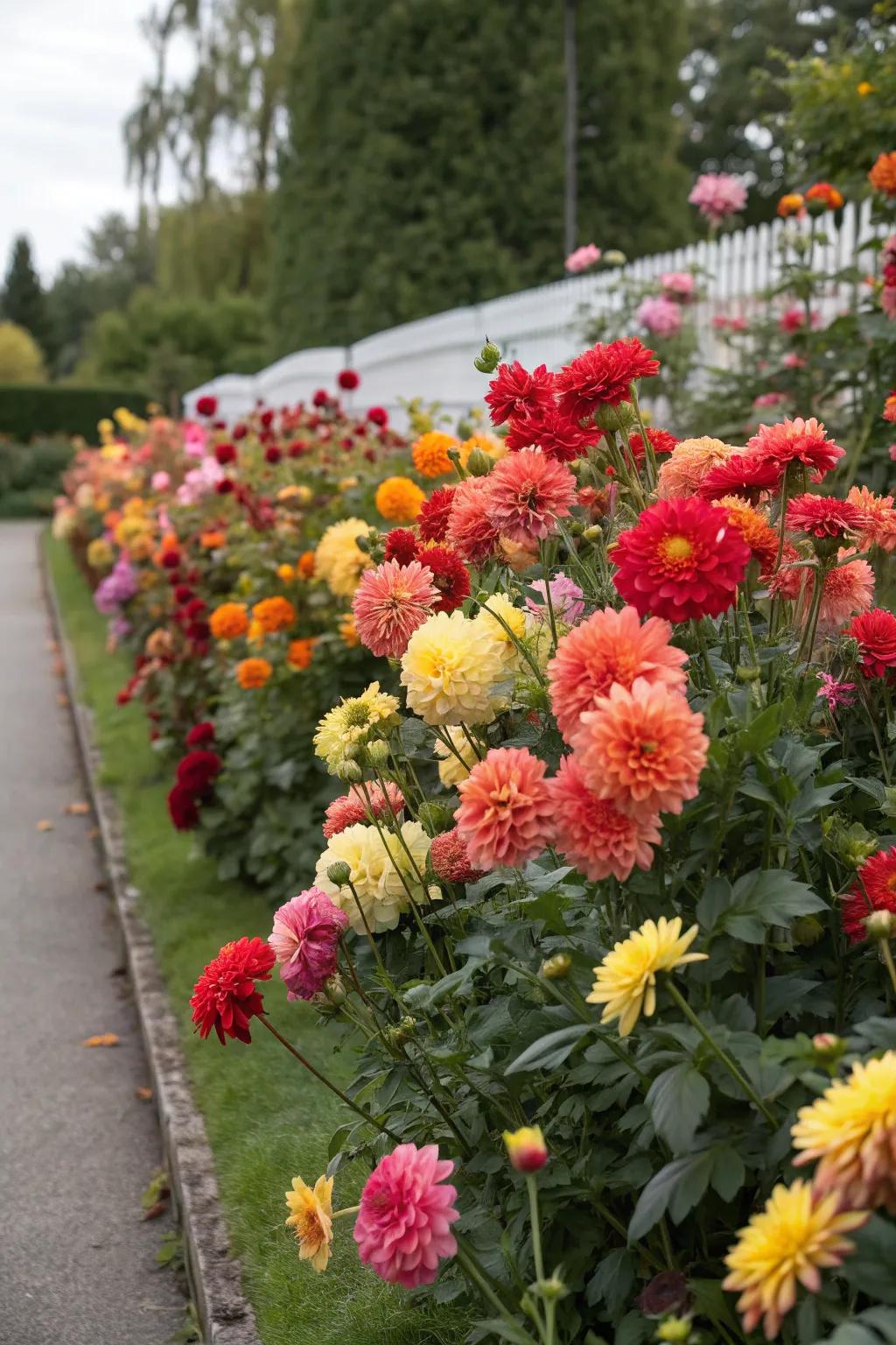A colorful display of Dahlia flowers in a garden border.
