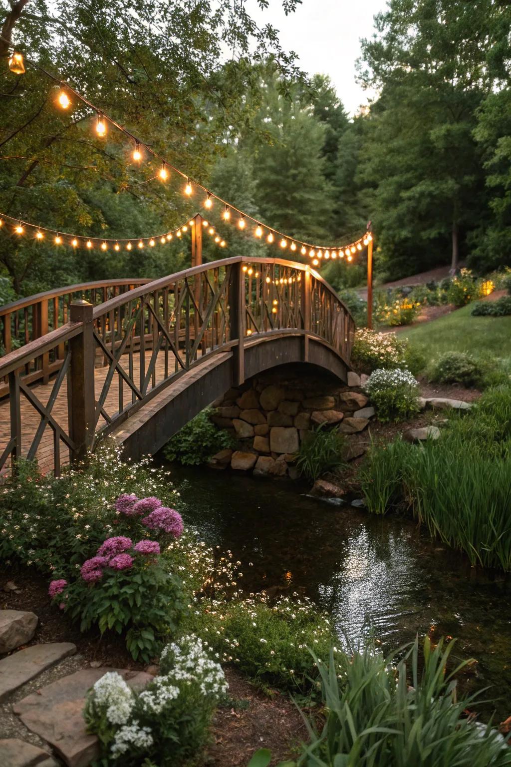 A creatively lit bridge offers a magical evening experience.