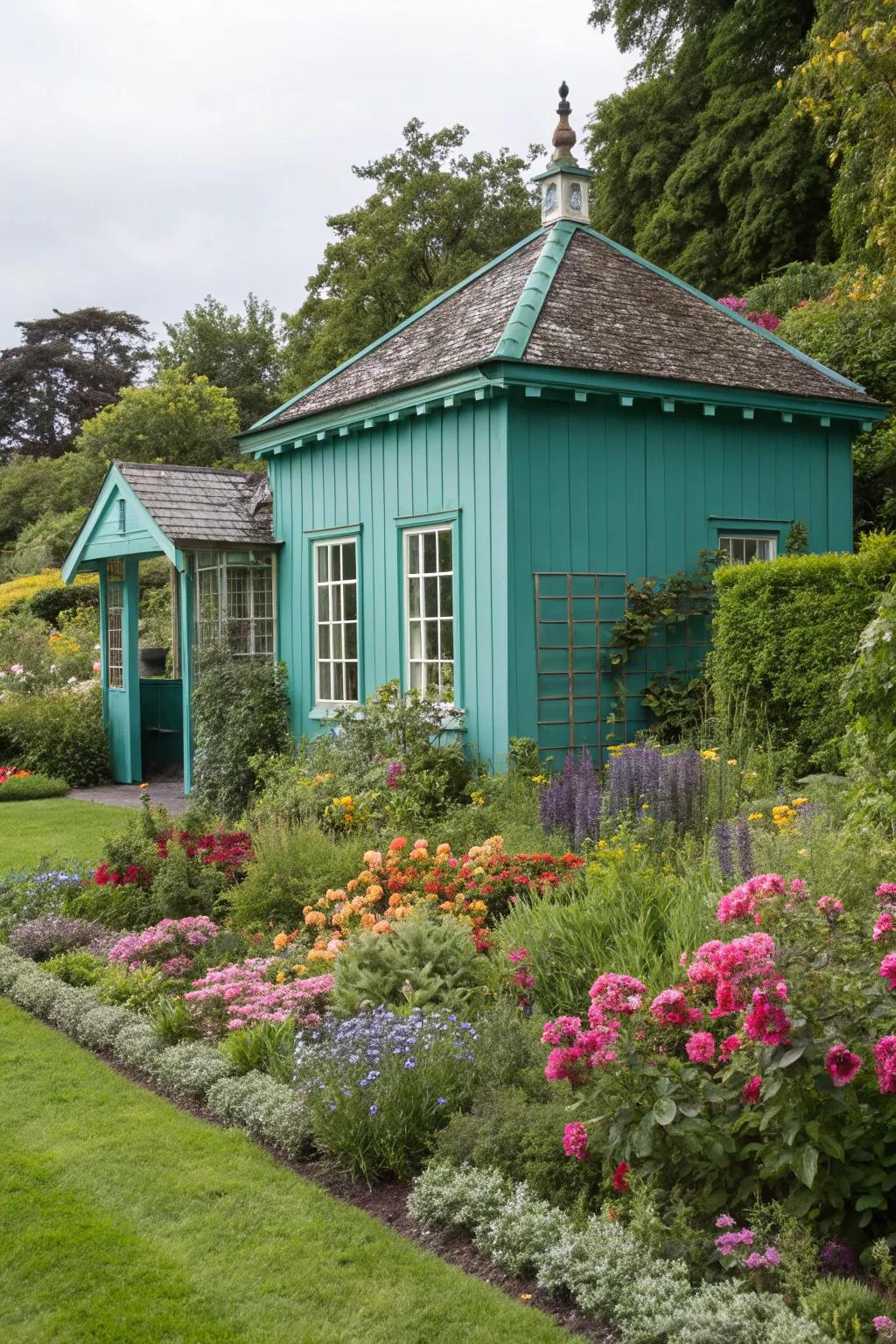 A garden building with a bold teal exterior that adds energy to the garden.