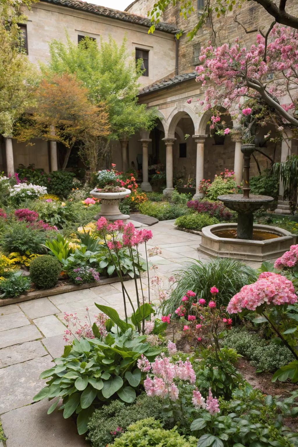 Seasonal plants keep the courtyard lively.