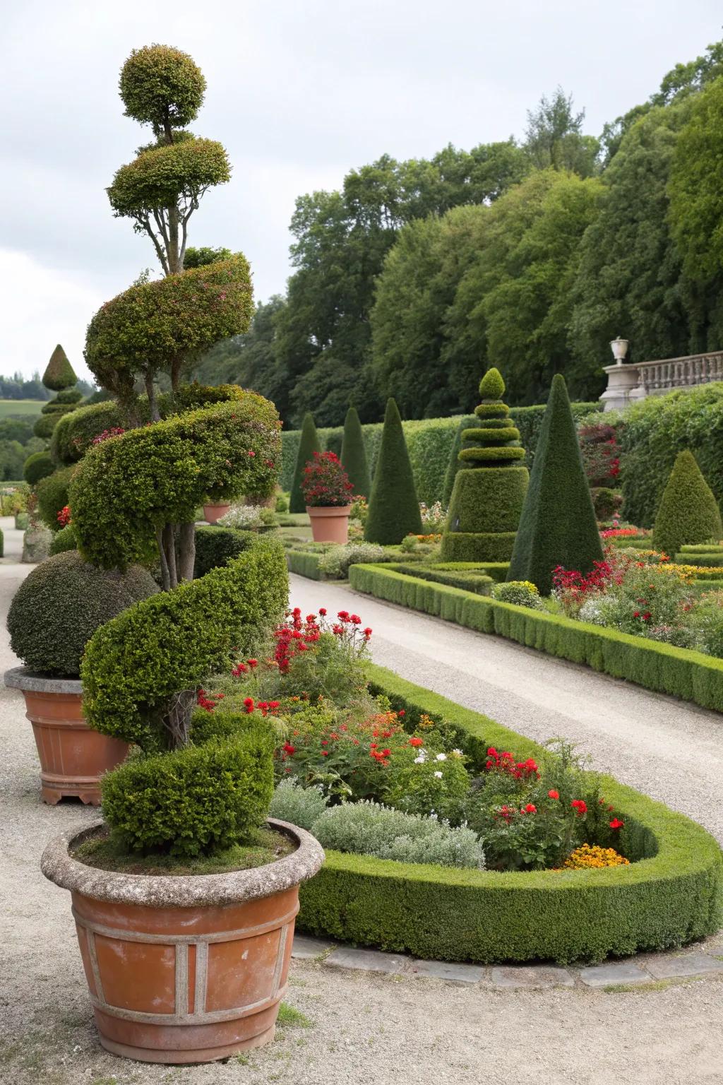 Dramatic potted topiary adding elegance to the garden.