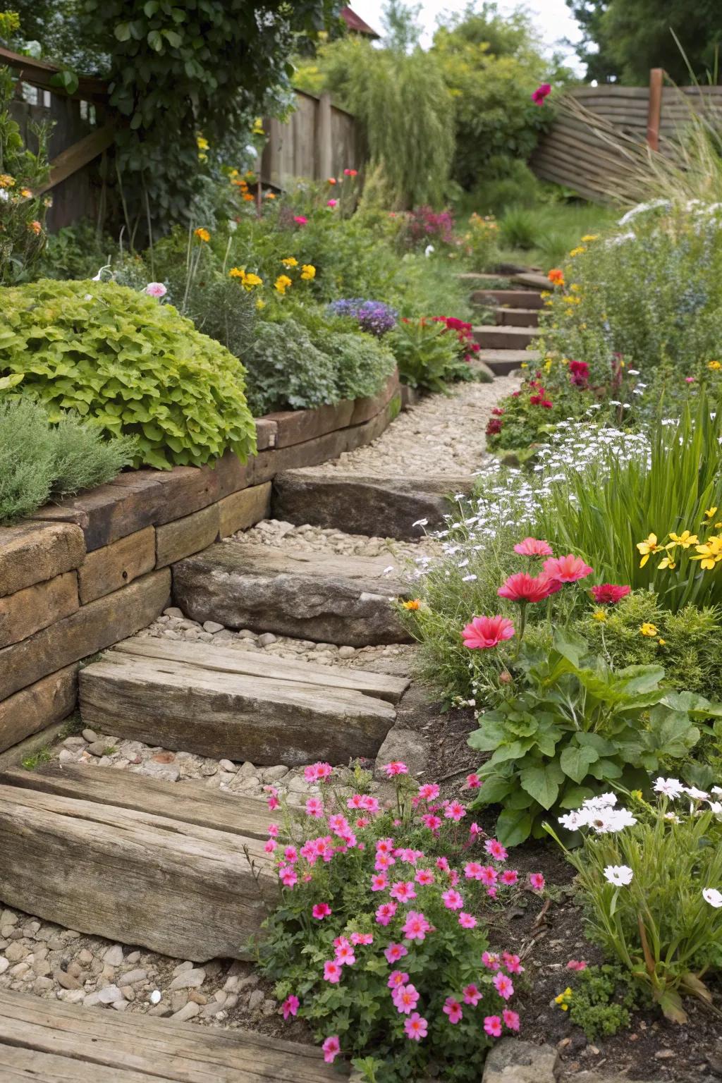 Railway sleepers provide a rustic and modern garden divider.