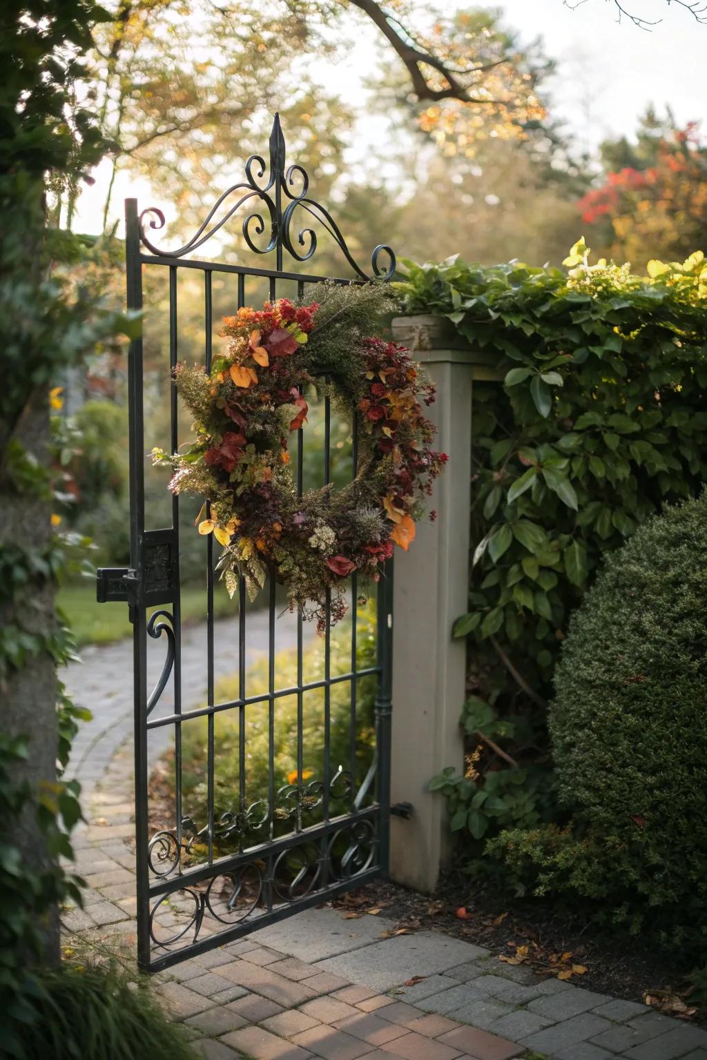 A seasonal wreath adds a touch of celebration to the garden entrance.