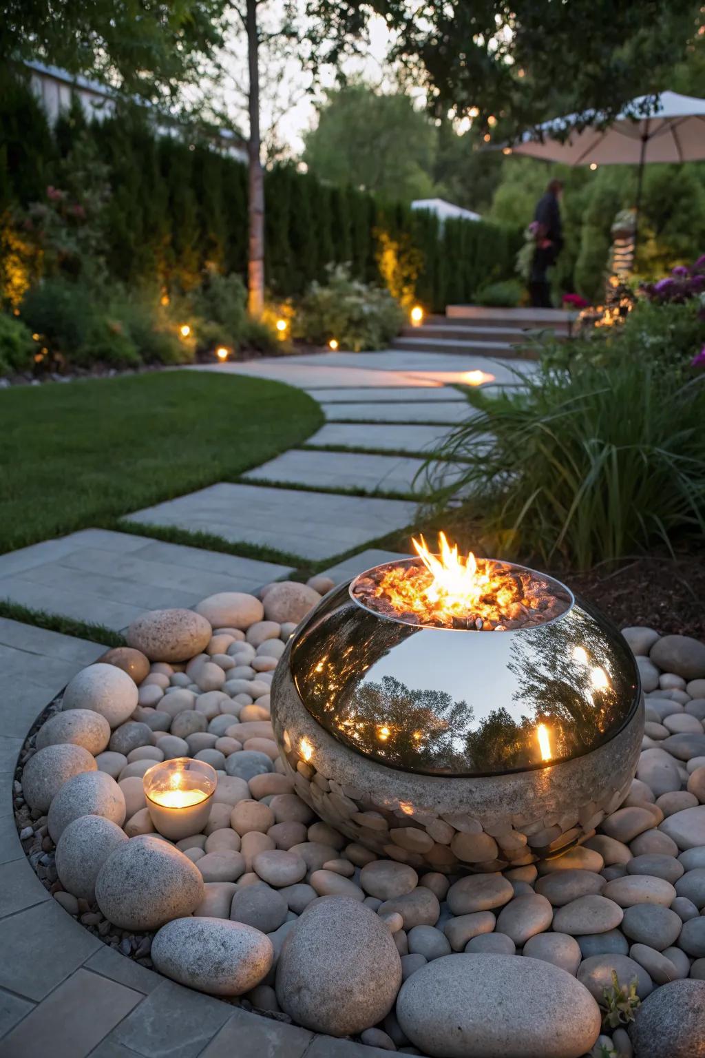Reflective surfaces amplify the enchanting glow of the fire pit.