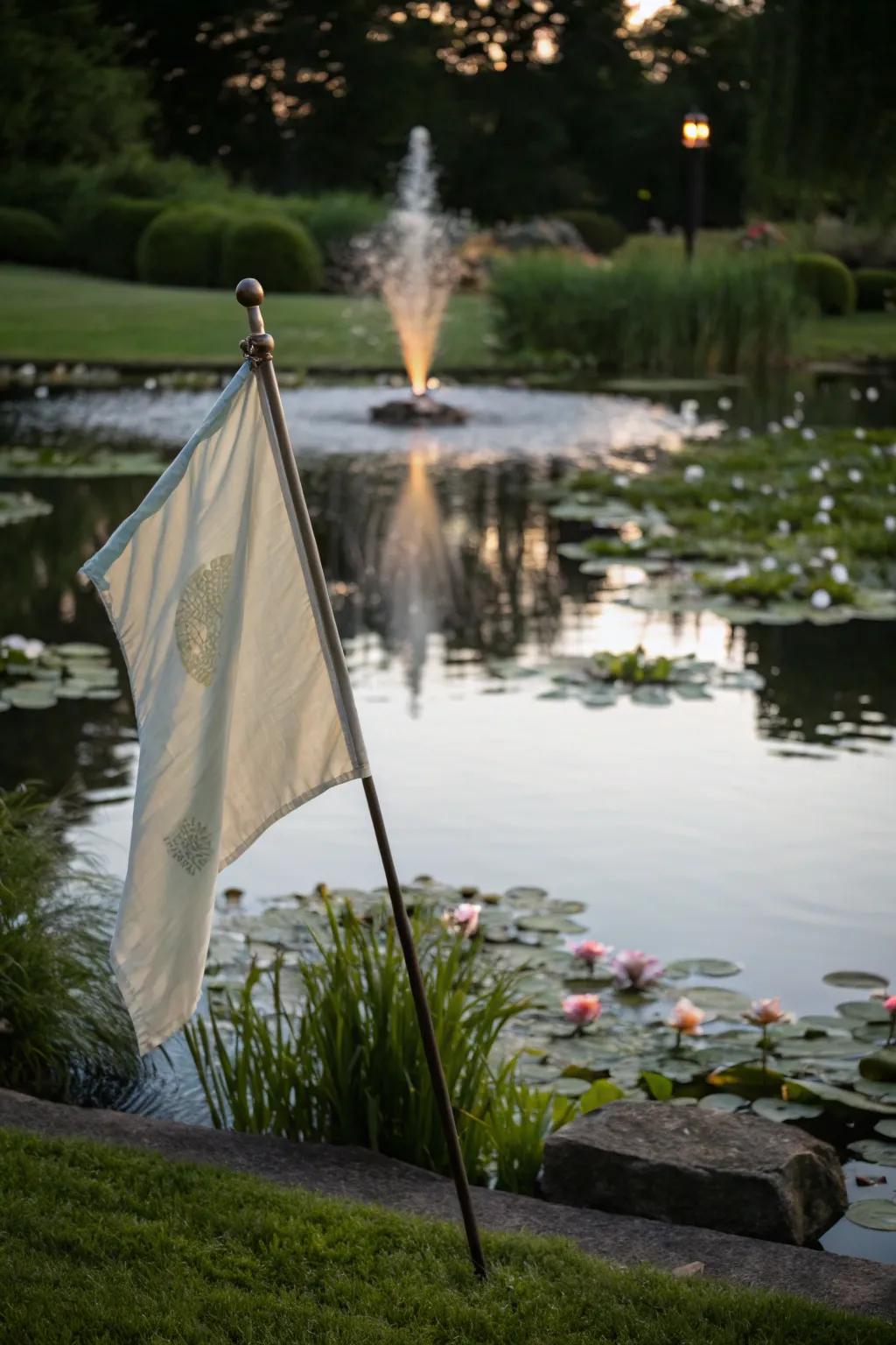 Flag enhancing a serene water feature