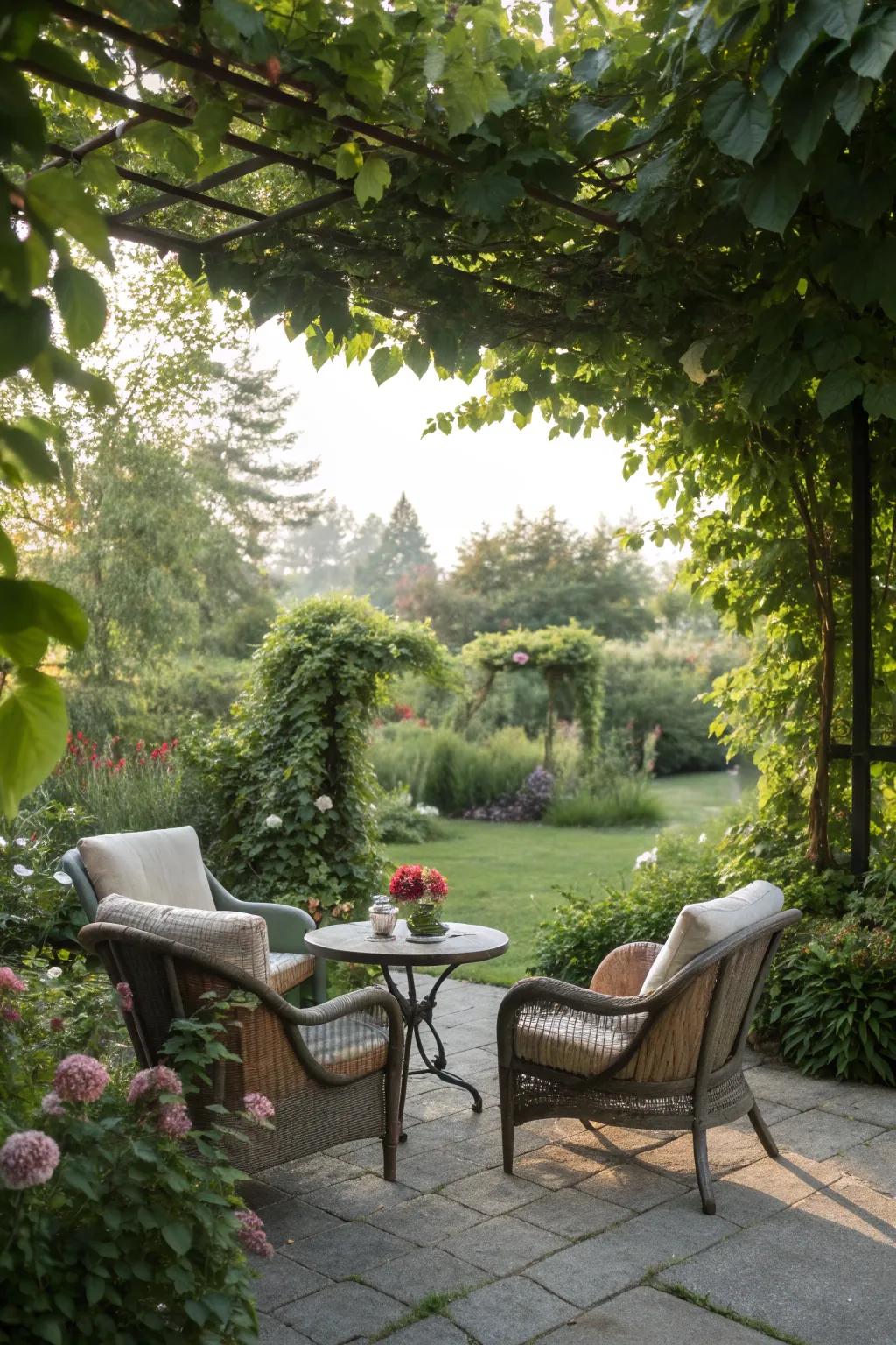 A cozy seating area to enjoy the garden's wildlife.