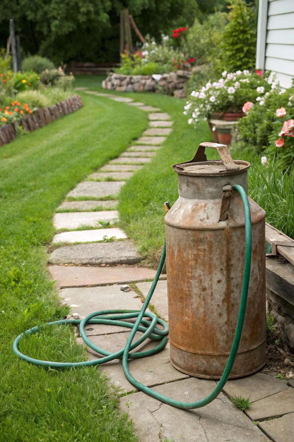 A charming vintage milk can repurposed for hose storage.