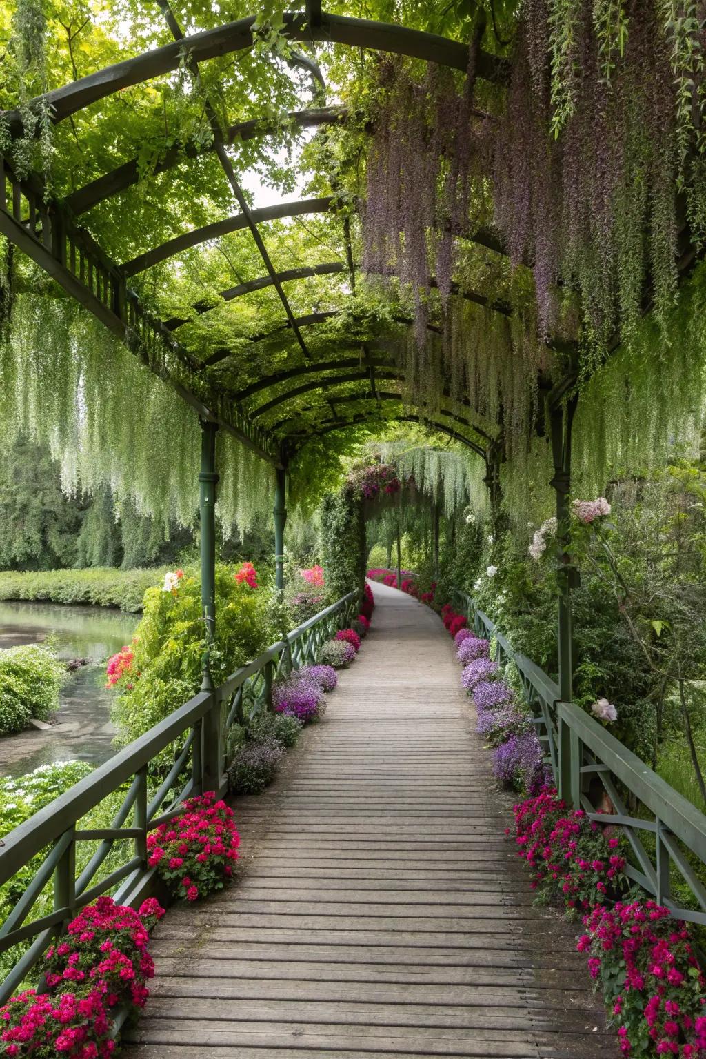Hanging plants transform a garden bridge into a green oasis.