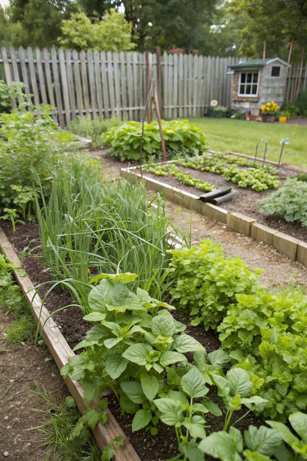 Herb and vegetable gardens offer fresh produce and lush greenery.