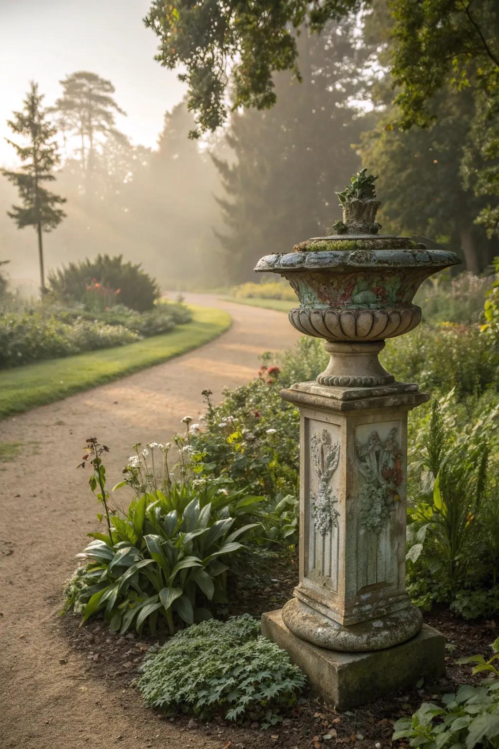 Vintage pedestals add character and history to garden spaces.