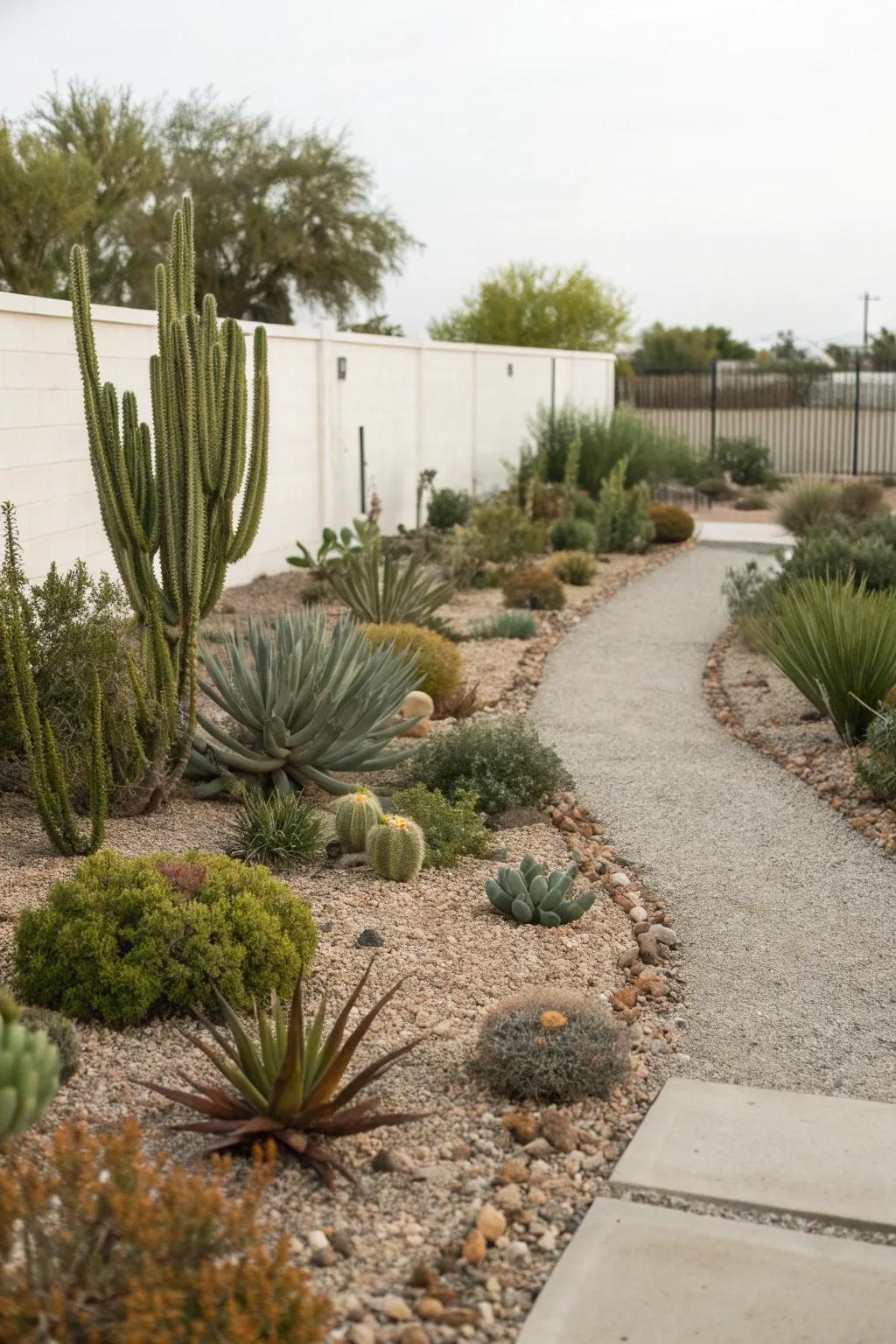 A water-wise xeriscaped garden with drought-resistant plants.