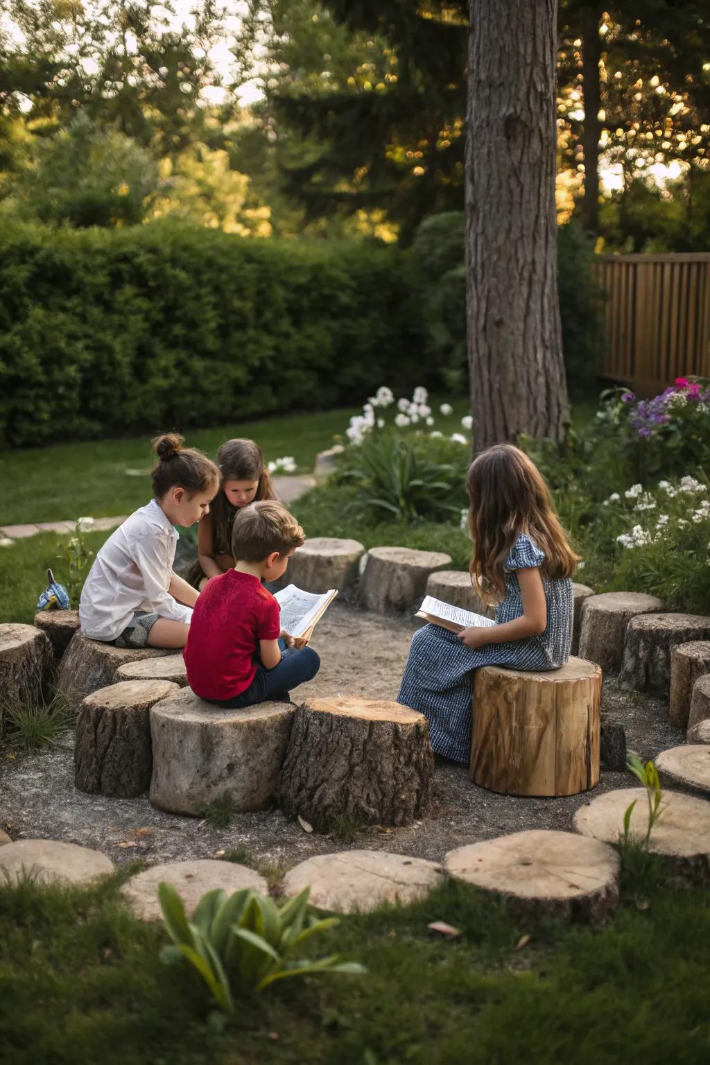 A storytelling circle with logs, perfect for imaginative tales in a garden setting.