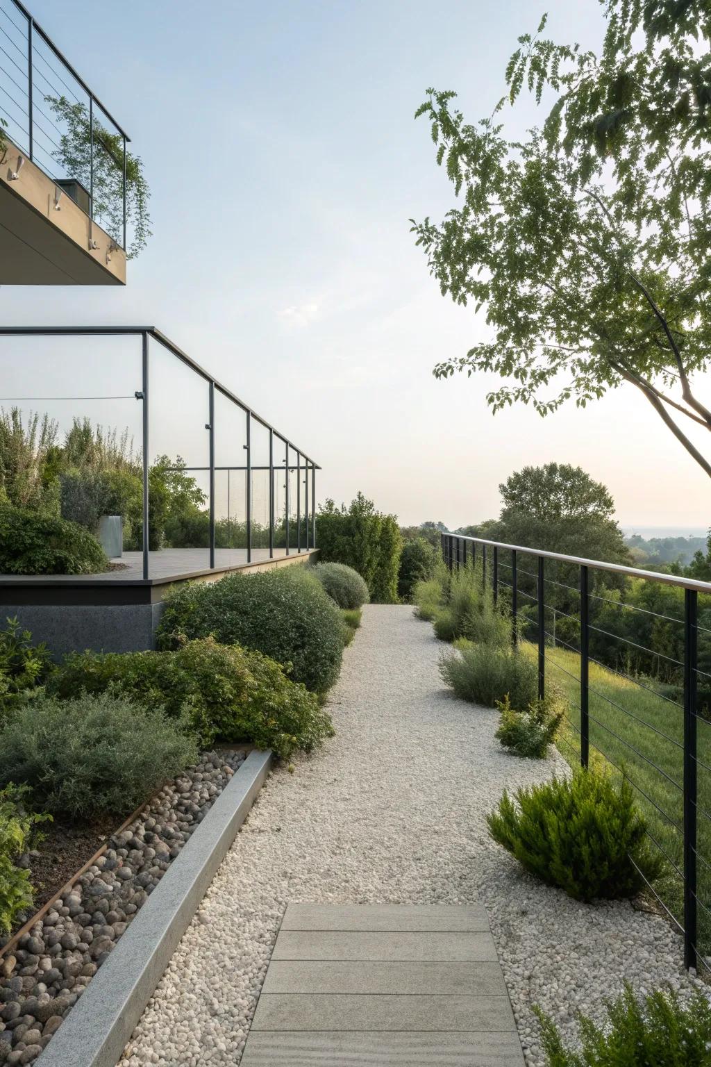 Floating railings add an intriguing and modern touch to minimalist gardens.