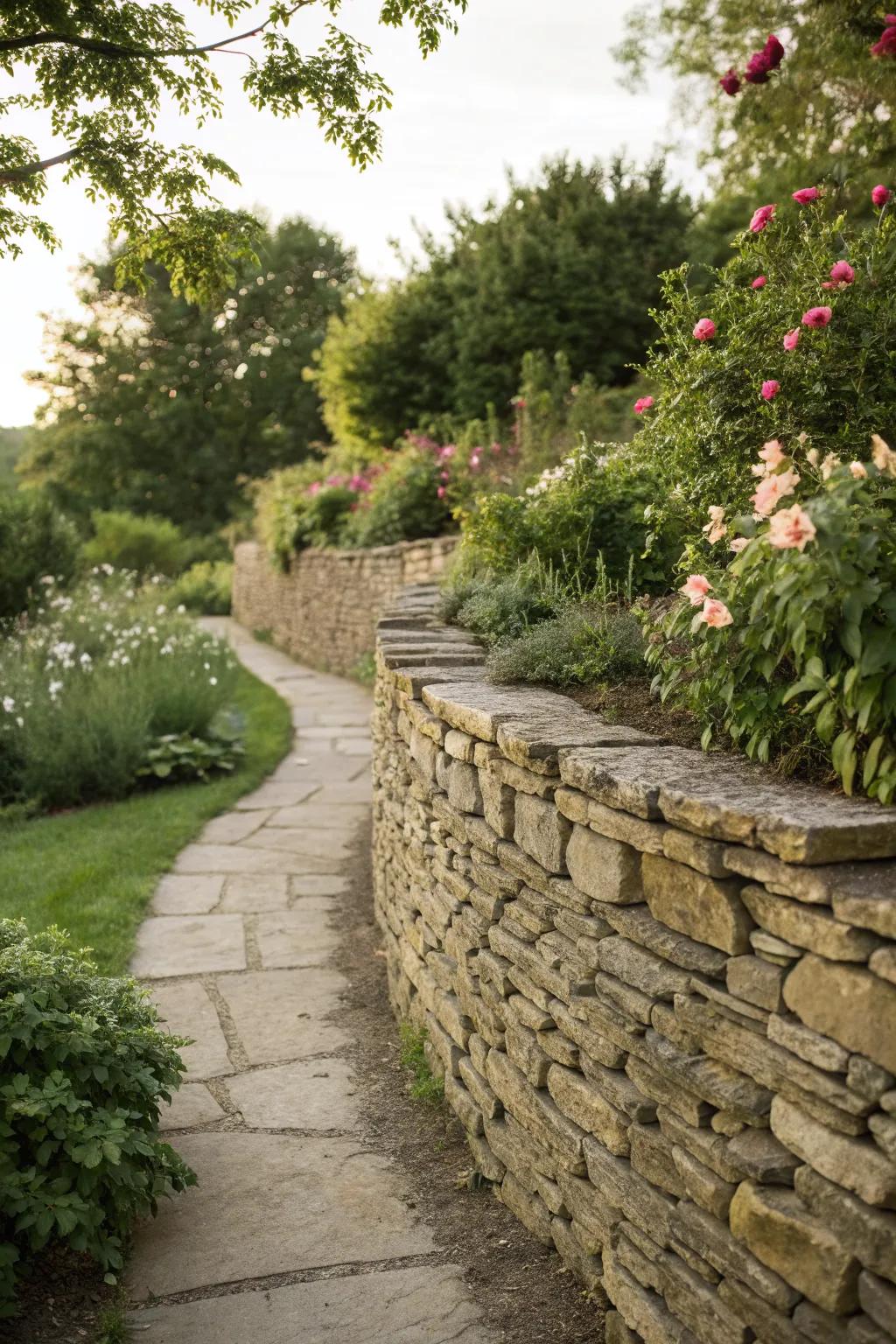 A dry stone wall adds rustic elegance to the garden landscape.