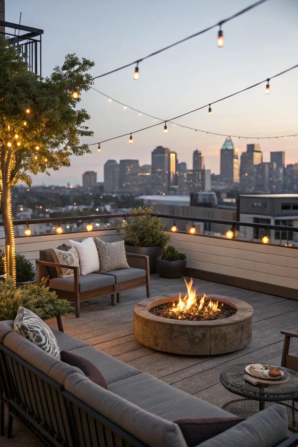 An inviting fire pit creating a cozy rooftop atmosphere.