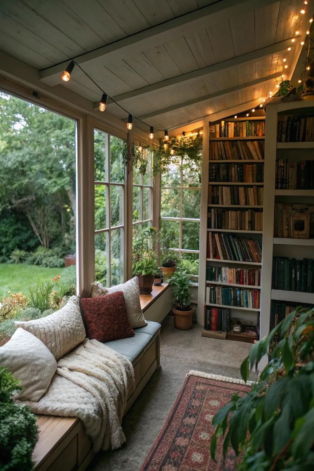 A serene reading nook in a garden room extension.