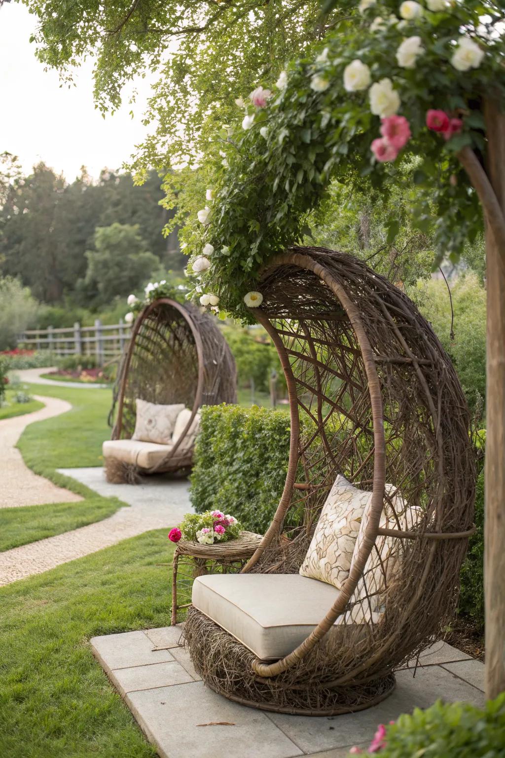 A creative garden seating area inspired by nature's designs.