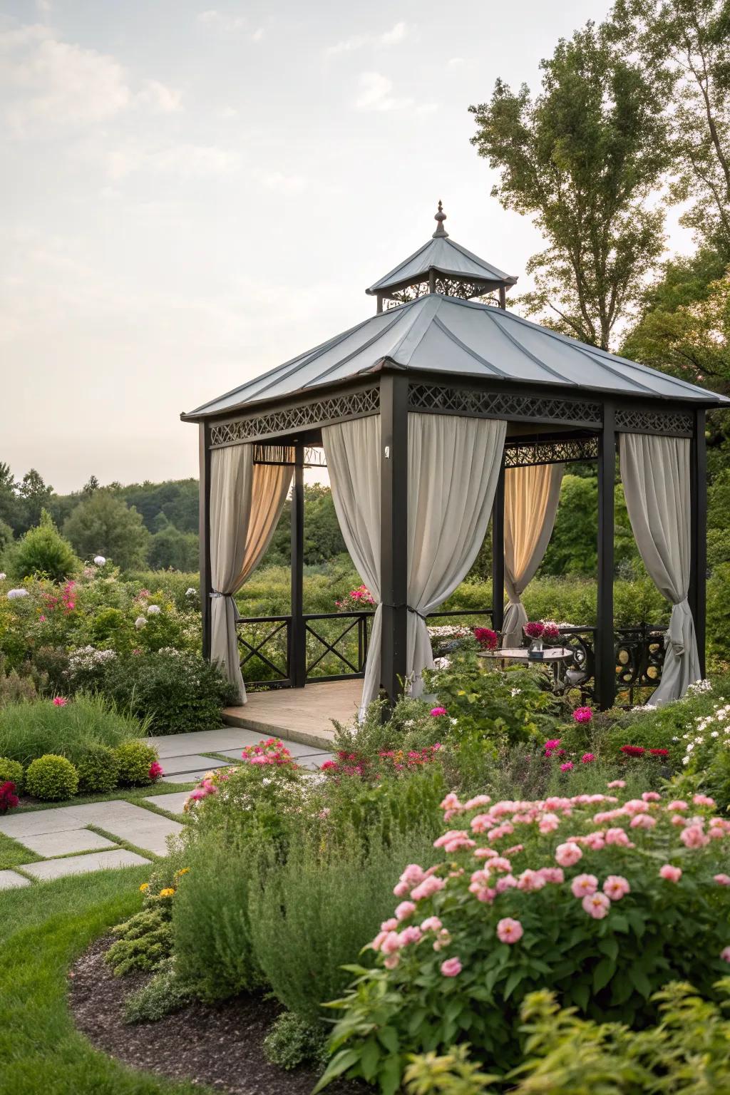 A gazebo transformed with a stylish shade cloth.