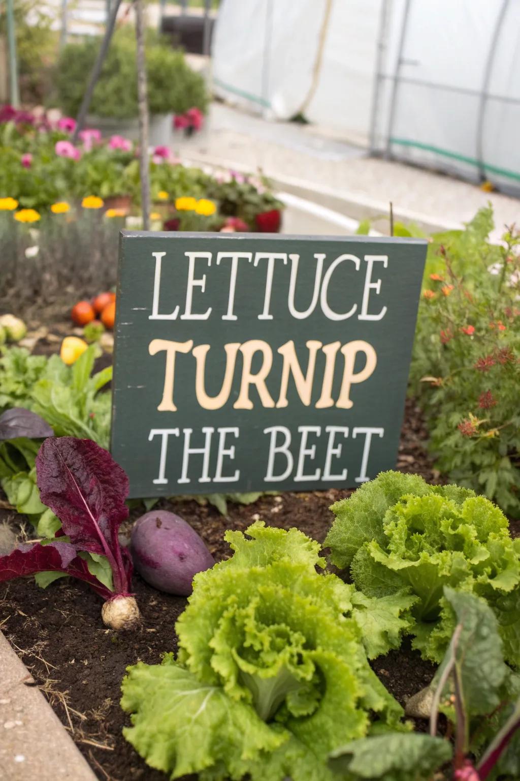 Punny signs bring humor and joy to the garden.