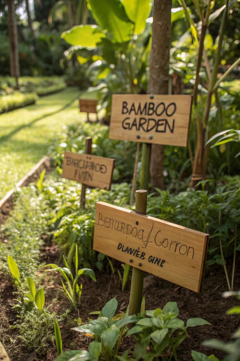 Elegant bamboo signs naturally blending into a sustainable garden.