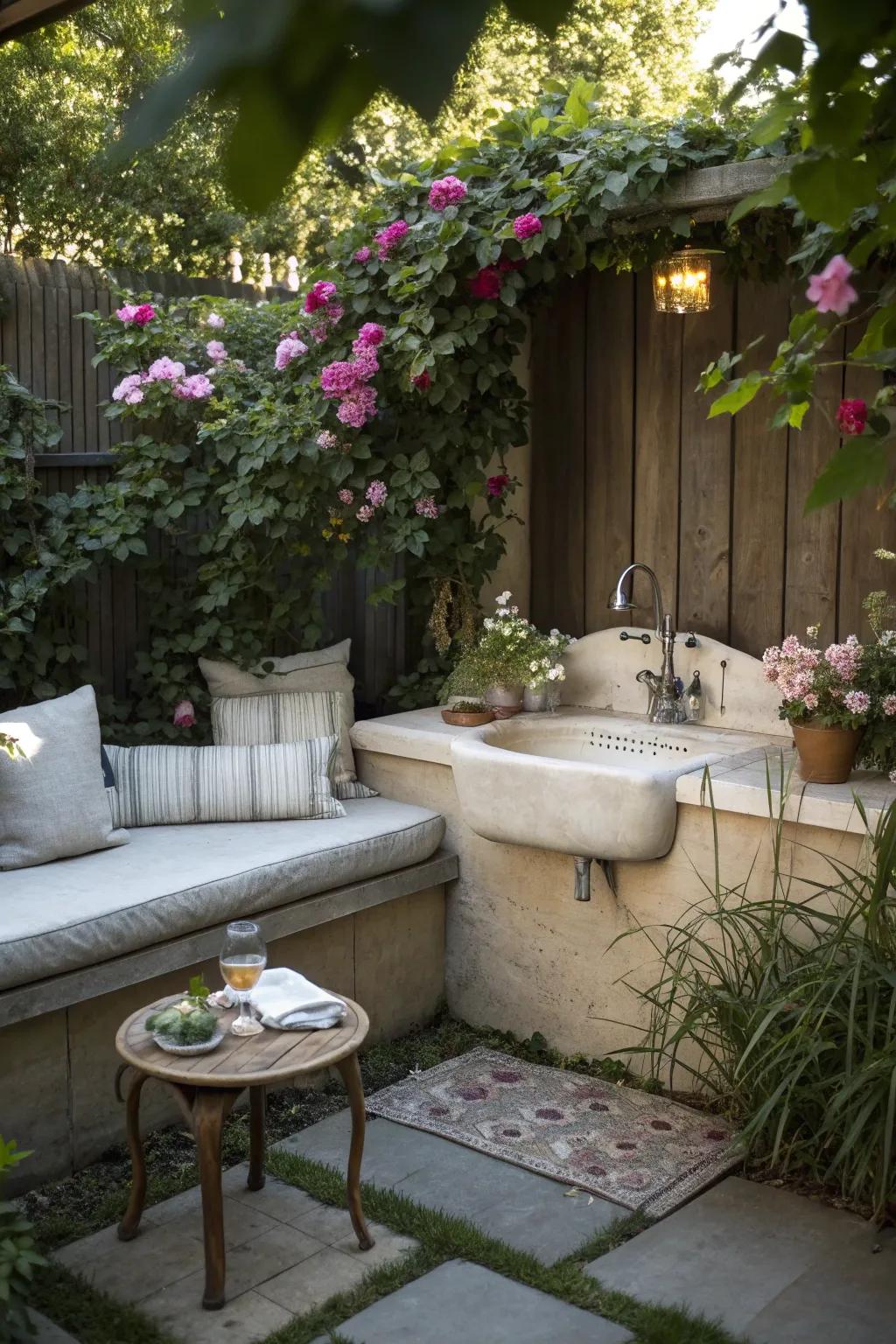 A multifunctional garden sink area with integrated seating for relaxation.