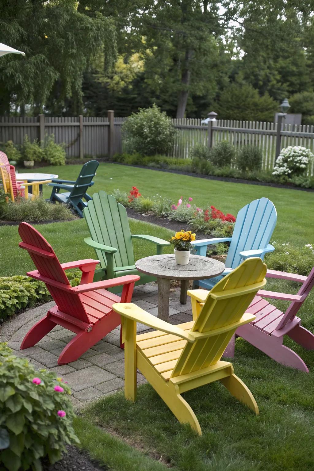 Colorful Adirondack chairs bring joy and comfort to your garden.