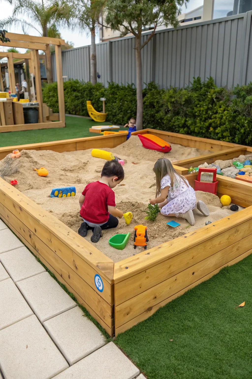 A creative play area for kids, using sleepers as a sandbox frame.