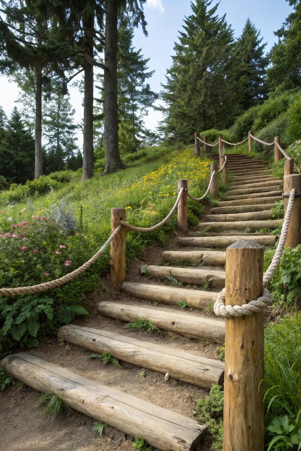 Rustic log stairs with a rope handrail, creating an adventurous feel.