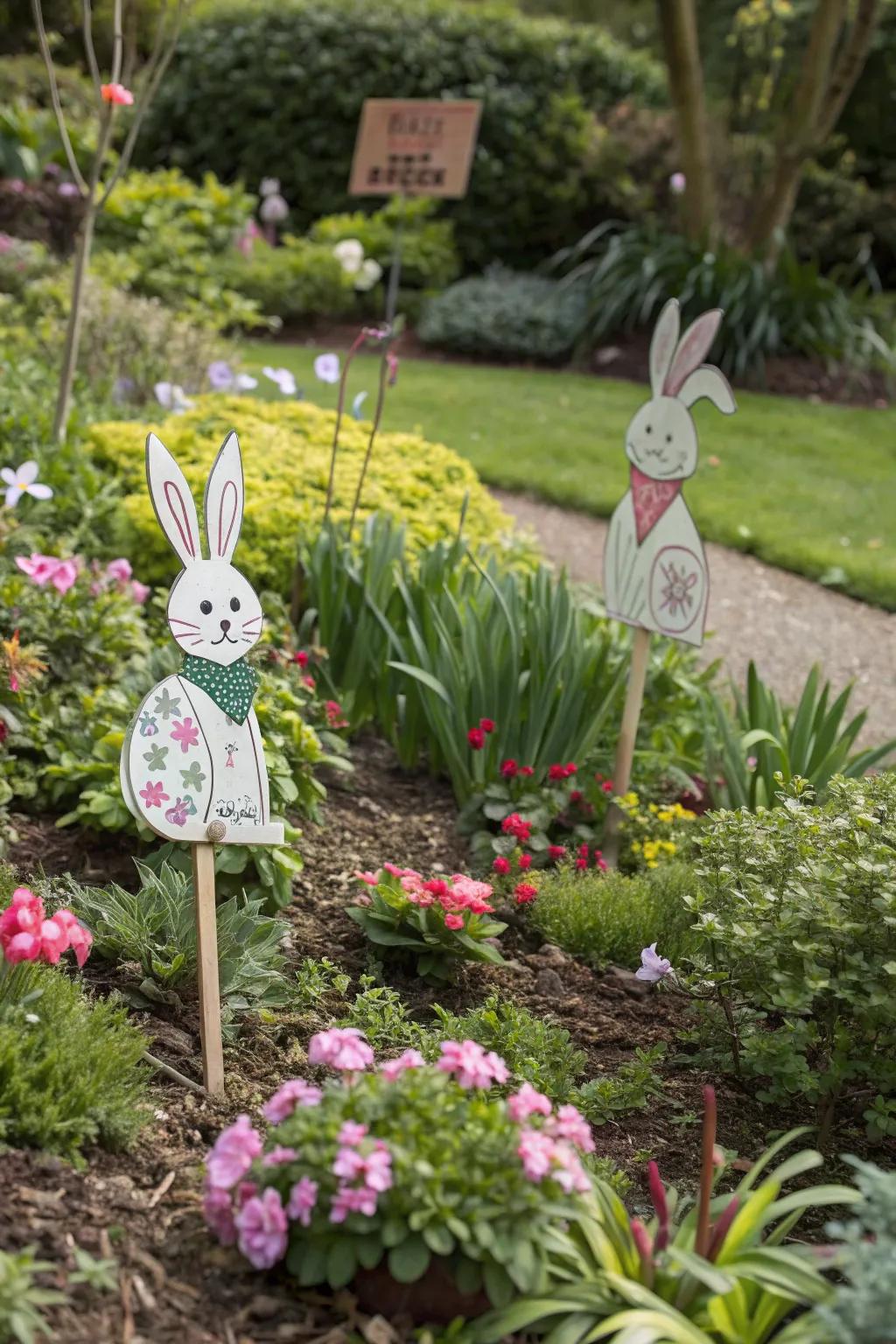 Whimsical rabbit garden stakes adding playful charm to the outdoor space.