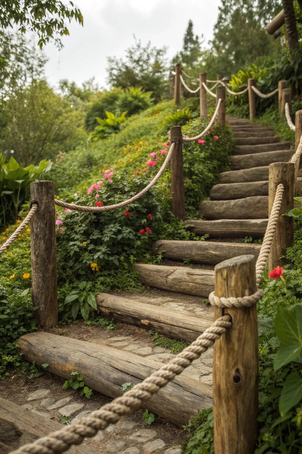 Log steps with rope handrails add rustic charm.