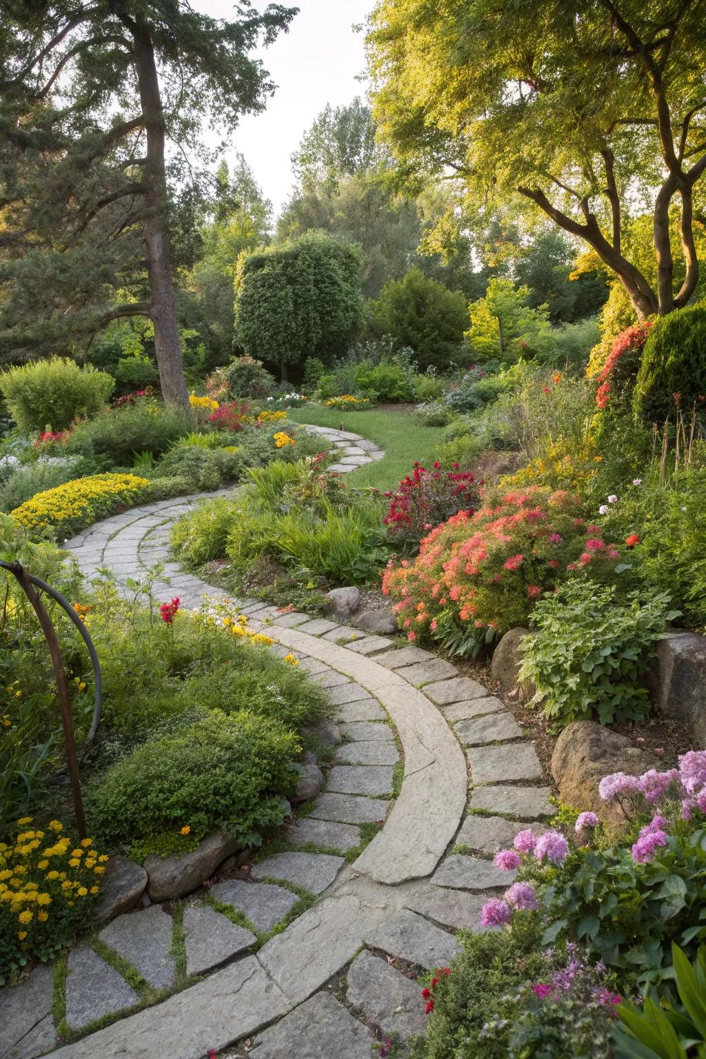 Spiral stone paths create a whimsical garden journey.