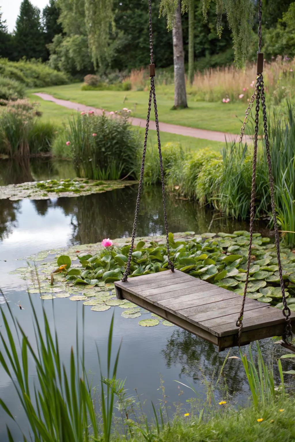 Floating swings create a magical and serene garden experience.