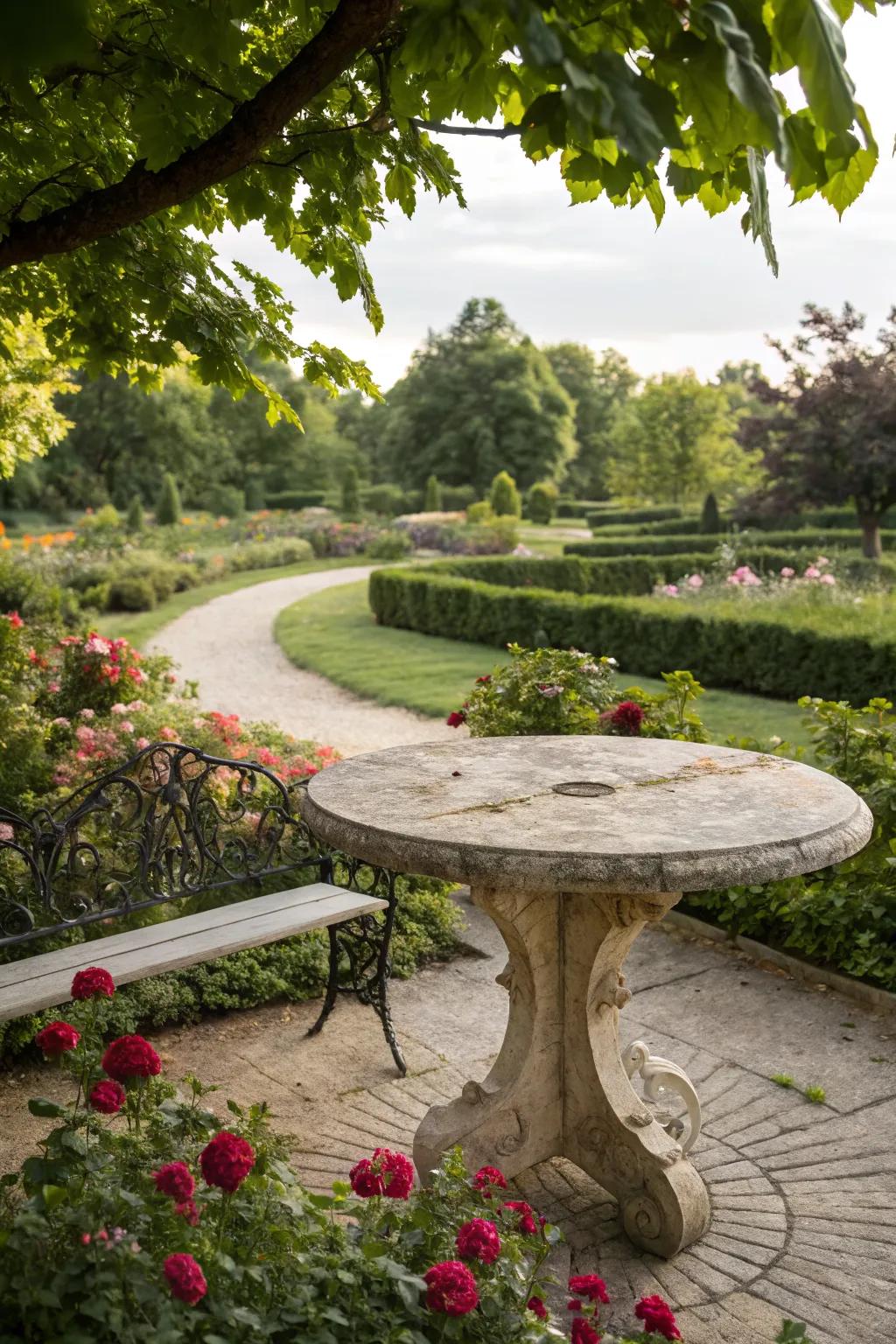 A timeless natural stone tabletop, perfect for a serene garden setup.